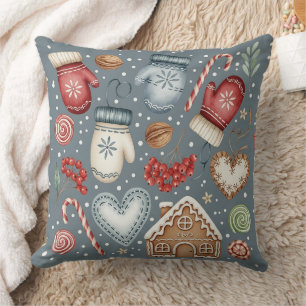 Winter Cottage - Mittens, Gingerbread & Sweets (3) Throw Pillow