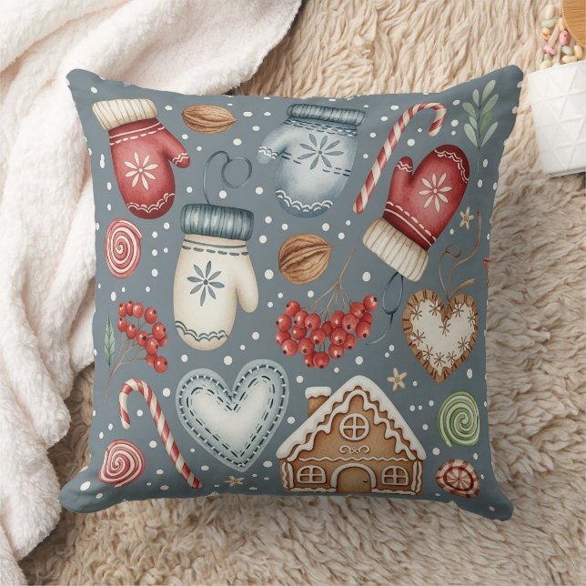 Winter Cottage - Mittens, Gingerbread & Sweets (3) Throw Pillow (Blanket)
