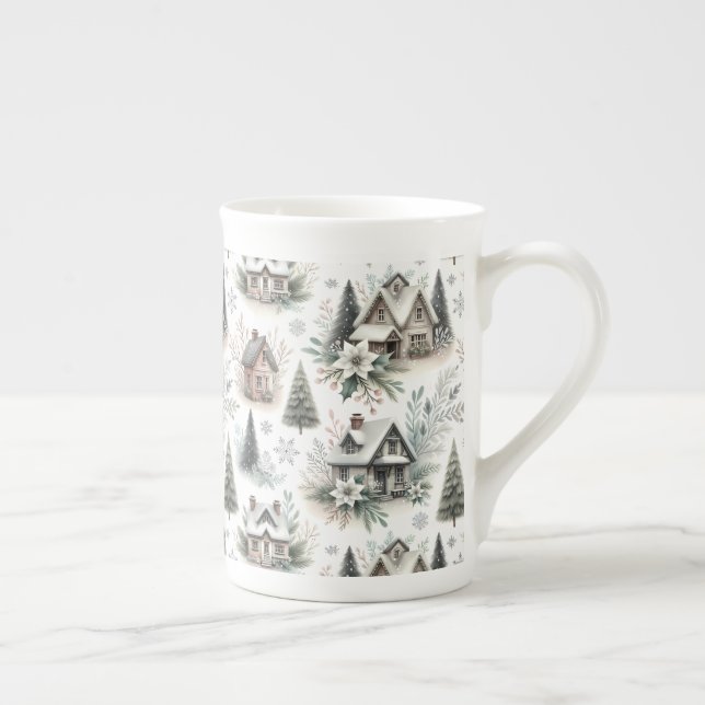 Winter Cottage Snowfall Pattern Bone China Mug (Right)