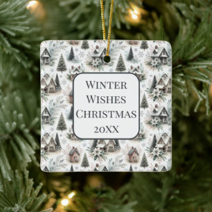 Winter Cottage Snowfall Pattern Ceramic Ornament