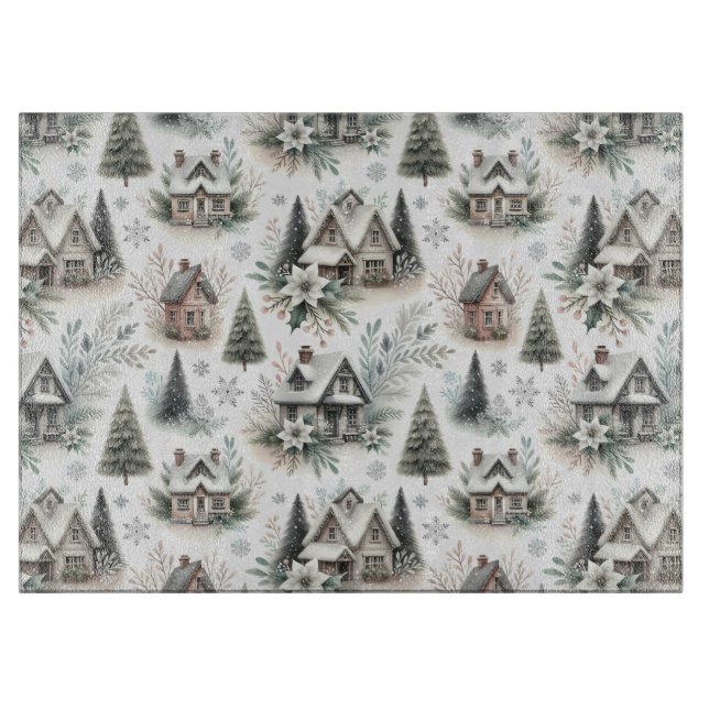 Winter Cottage Snowfall Pattern Cutting Board (Front)
