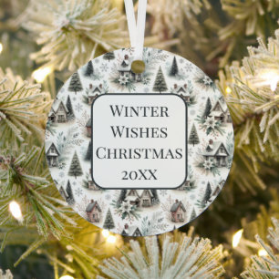 Winter Cottage Snowfall Pattern Metal Ornament