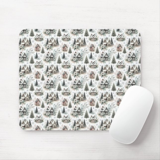 Winter Cottage Snowfall Pattern Mouse Pad (With Mouse)