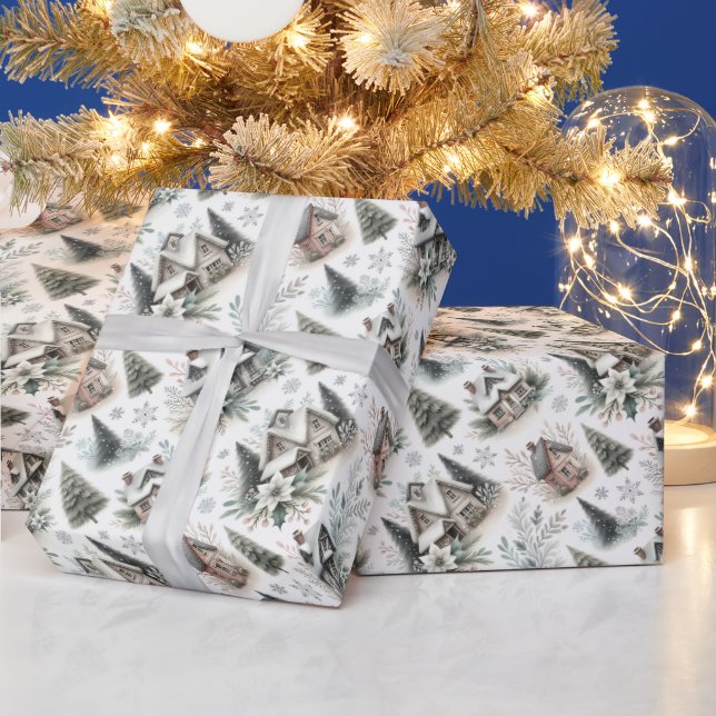 Winter Cottage Snowfall Pattern Wrapping Paper (Holidays)