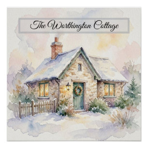 Winter Cottage Watercolor Christmas Landscape Art Poster