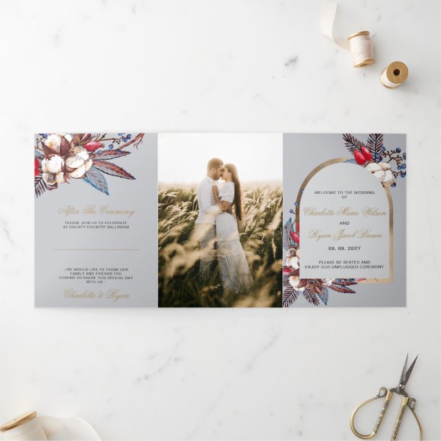 Winter Cotton Dusty Blue Red Berries Wedding Tri-Fold Programme (Outside)