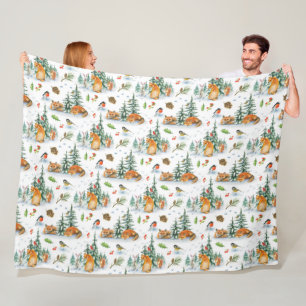 Winter Cozy Nature Fox Rabbit Birds Pine Cones Fleece Blanket