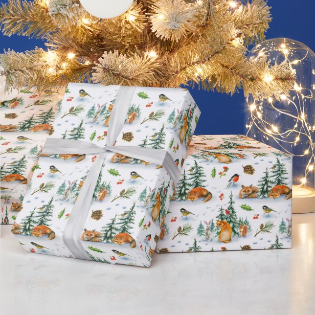 Winter Cozy Nature Fox Rabbit Birds Pine Cones  Wrapping Paper (Holidays)