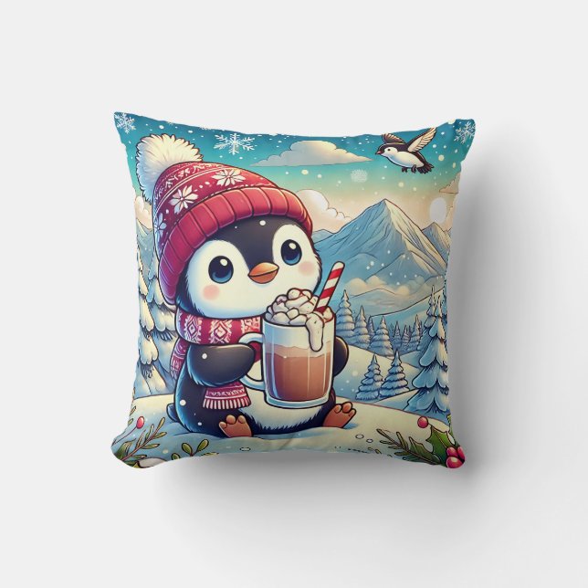 Winter Cozy Penguin Throw Pillow (Front)