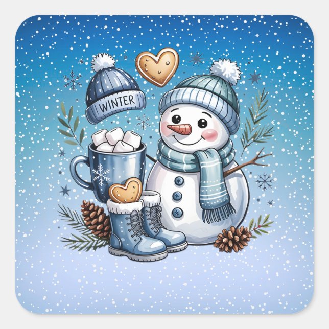 Winter Cozy Snowman Square Sticker (Front)