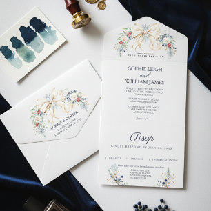 Winter Cream Bow Dusty Blue Blush Floral Wedding All In One Invitation