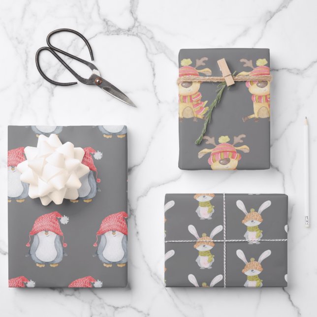 Winter Critters Trio Holiday Wrapping Paper Sheet (Front)