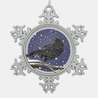 Winter Crow Snowflake Pewter Christmas Ornament