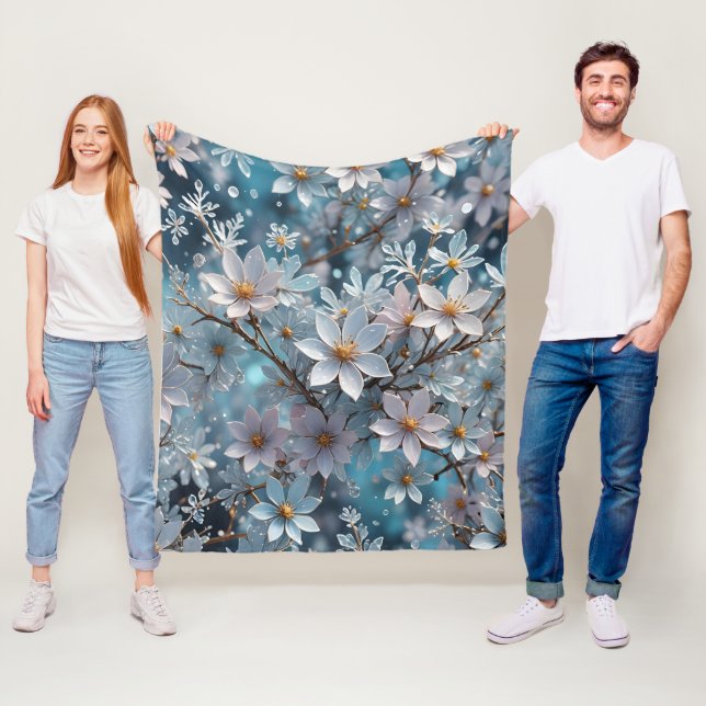 Winter Crystal Frost Sakura Blossom Fleece Blanket (In Situ)