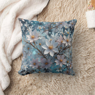 Winter Crystal Frost Sakura Blossom Throw Pillow