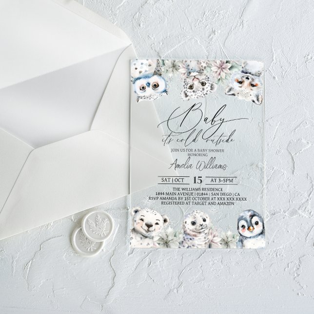 Winter Cute Arctic Animals Baby Shower Acrylic Invitations (Creator Uploaded)