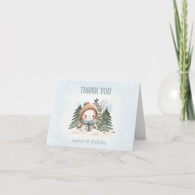 Winter Cute Blue Snowman Boy 1st Birthday Thank You Card (Front)