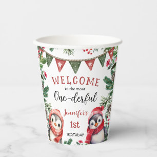 Winter Cute Penguin Christmas 1st Birthday Paper Cups