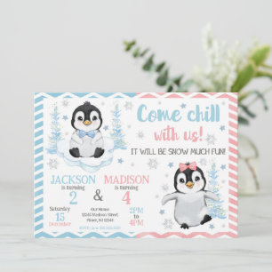 Winter Cute Penguins Joint Birthday Invitation