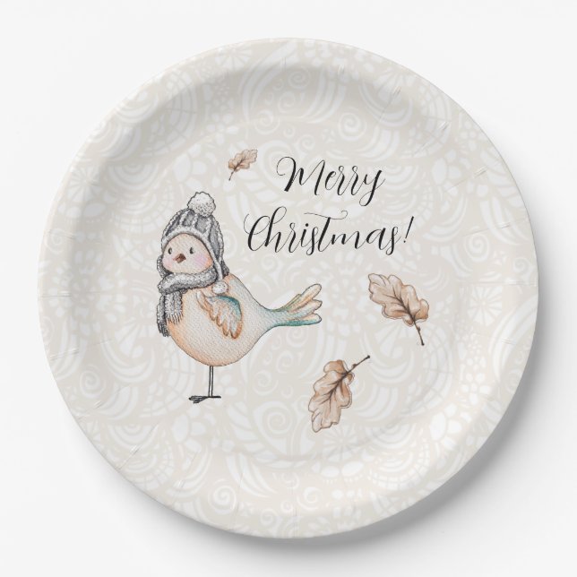 Winter Cute Sparrow Illustration Paper Plate (Front)