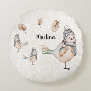 Winter Cute Sparrow Illustration Personalized Round Pillow