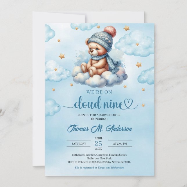 Winter cute teddy bear cloud nine Boy Baby Shower Invitation (Front)
