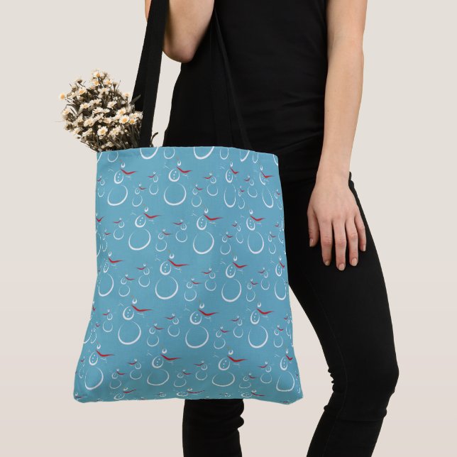 Winter Cyan Cute Snowman Family Pattern Tote Bag (Close Up)
