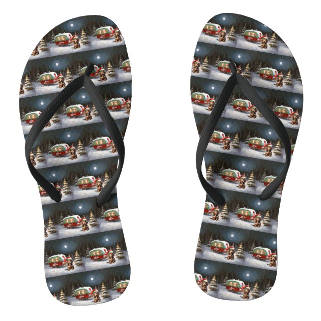 Winter Dachshund Caravan Christmas Adventure  Flip Flops (Footbed)