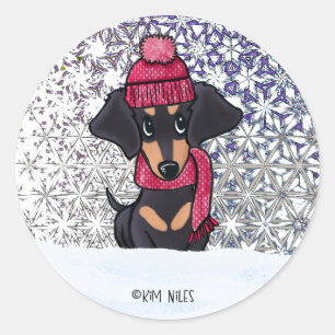 Winter Dachshund Classic Round Stick Sticker