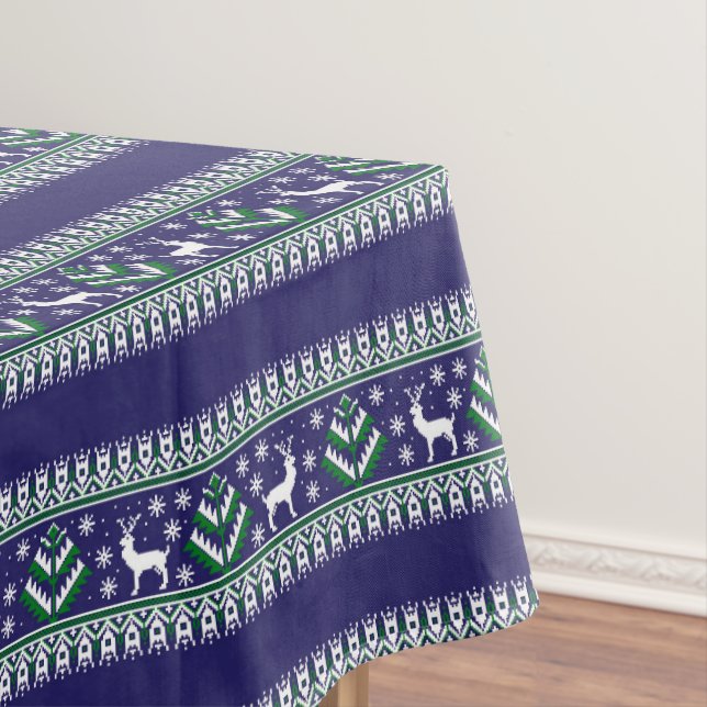 Winter Dark Blue and Green Christmas Fair Isle Tablecloth (In Situ)