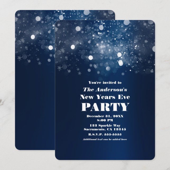 Winter Dark Blue Silver Sparkling New Years Eve Invitation (Front/Back)