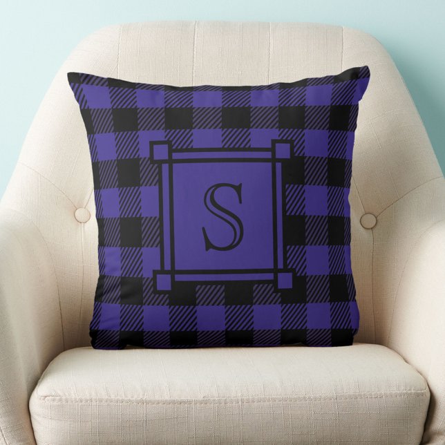 Winter Decor Blue Buffalo Plaid Custom Monogram Throw Pillow (Creator Uploaded)