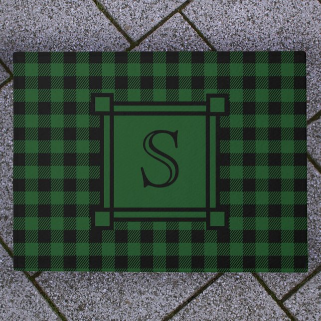 Winter Decor Green Buffalo Plaid Custom Monogram Doormat (Creator Uploaded)
