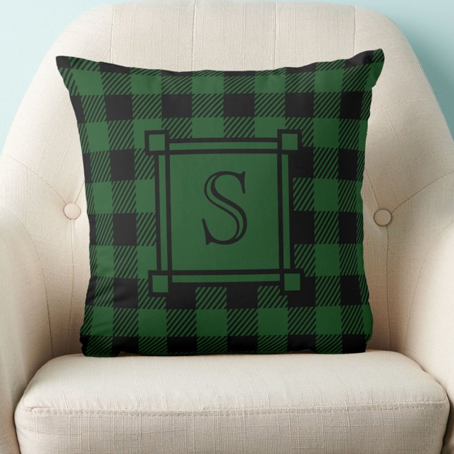Winter Decor Green Buffalo Plaid Custom Monogram Throw Pillow (Creator Uploaded)
