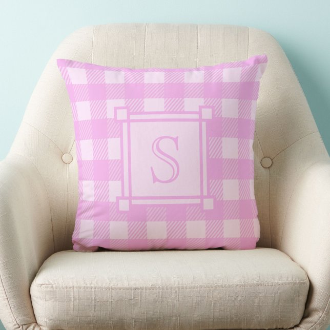 Winter Decor Pink Buffalo Plaid Custom Monogram Throw Pillow (Creator Uploaded)
