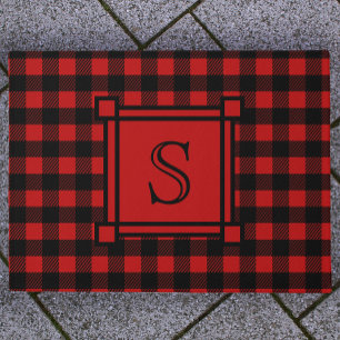 Winter Decor Red Buffalo Plaid Custom Monogram Doormat