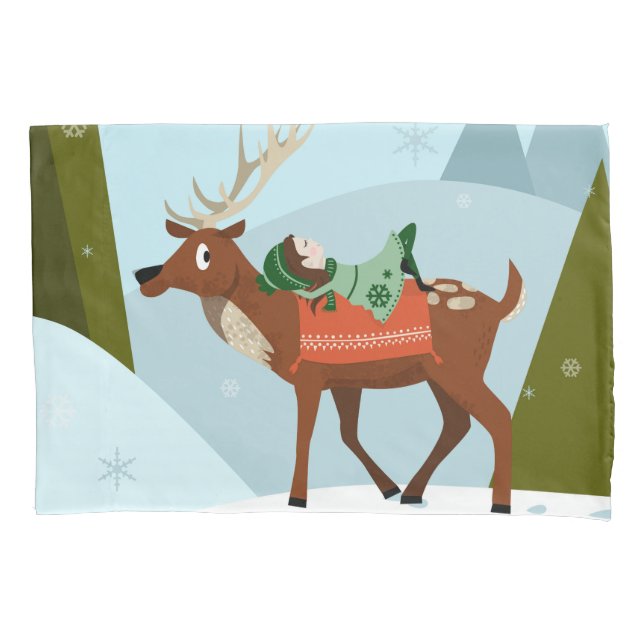  Winter deer and elf in snow Christmas tale fun ar Pillowcase (Front)