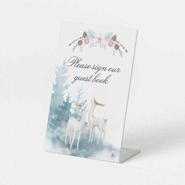 Winter Deer and Foliage Watercolor Wedding  Pedestal Sign (Front)