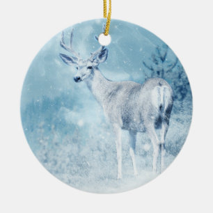 Winter Deer and Pine Trees Ceramic Ornament