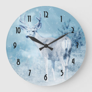 Winter Deer and Pine Trees Large Clock