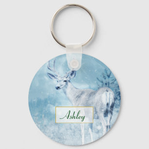 Winter Deer and Pine Trees Personalized Keychain