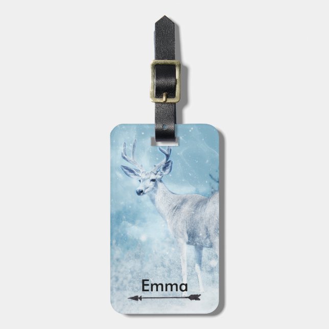 Winter Deer and Pine Trees Personalized Luggage Tag (Front Vertical)