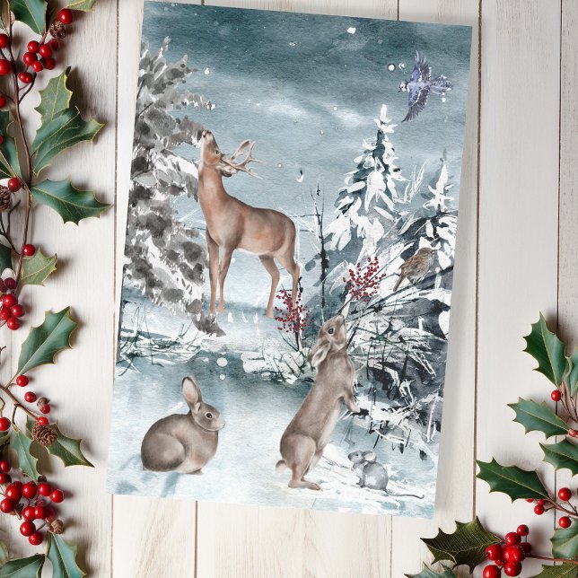 Winter Deer and Rabbit  landscape Watercolor   Tissue Paper (Creator Uploaded)