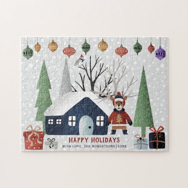 Winter deer and trees Happy holidays Christmas Jigsaw Puzzle (Horizontal)