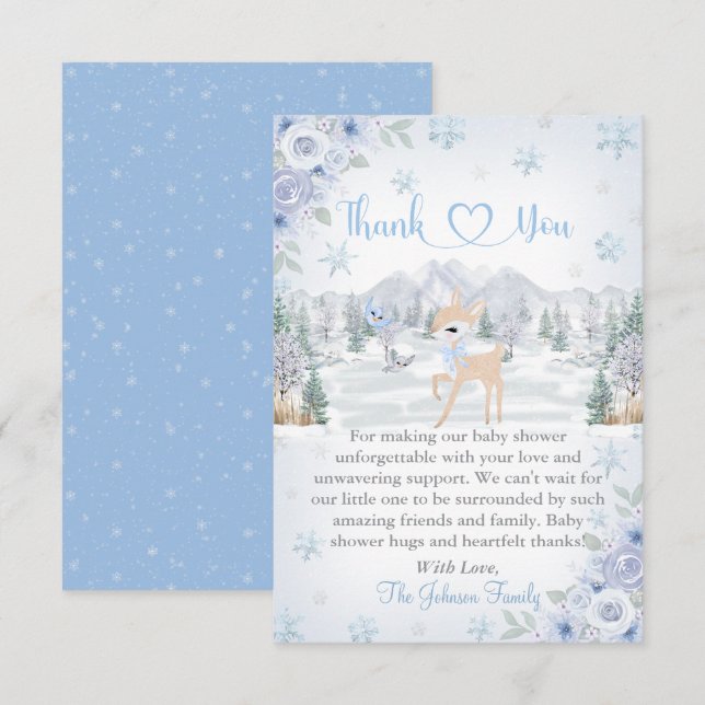 Winter Deer Blue Snowflake Baby Shower Thank You Card (Front/Back)