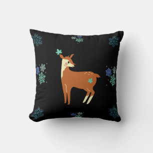 Winter Deer & blue snowflakes pattern on black Throw Pillow