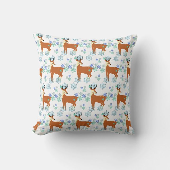 Winter Deer & blue snowflakes pattern on white Throw Pillow (Front)