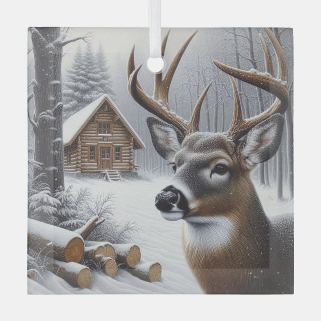Winter deer/Buck art Glass Ornament (Front)