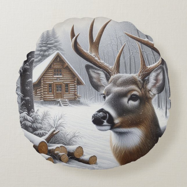 Winter deer/Buck art Round Pillow (Front)