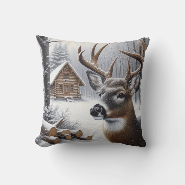 Winter deer/Buck art Throw Pillow (Front)